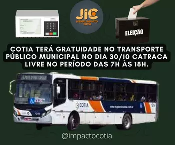 Cotia terá gratuidade no transporte público municipal no dia 30/10 catraca livre no período das 7h às 18h.